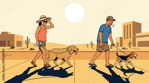 Hot Summer Day Walking Dogs in Desert City With Intense Sun
