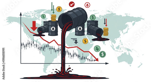 Global oil price crash and economic recession illustration.