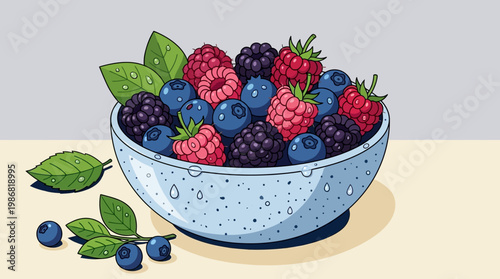 A Bowl of Fresh Mixed Berries with Leaves and Water Droplets