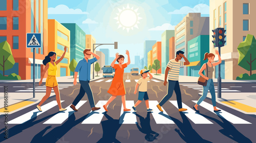 Diverse group of people crossing a busy city street on a sunny day