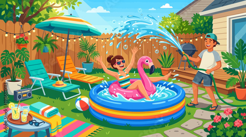 Children enjoying joyful summer water play in a vibrant backyard oasis during a warm, sunny day