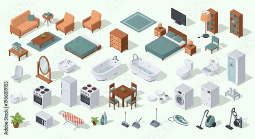Collection of Isometric Furniture and Home Appliances.