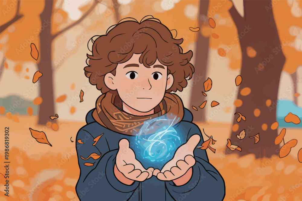 Obraz premium Boy with Curly Hair Holding Blue Glowing Orb in Autumn