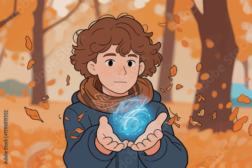 Boy with Curly Hair Holding Blue Glowing Orb in Autumn