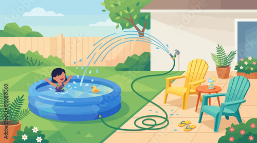 Girl Playing In Inflatable Pool While Sprinkler Waters Backyard