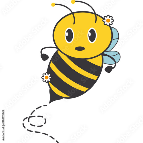 Cute Cartoon Honey Bee Illustration with Flower and Flight Path