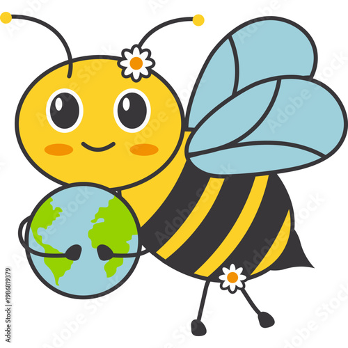 Cute Cartoon Bee Mascot Holding Earth Globe Illustration