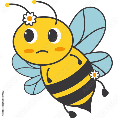 Cute Sad Honey Bee Cartoon Character with Flowers Illustration