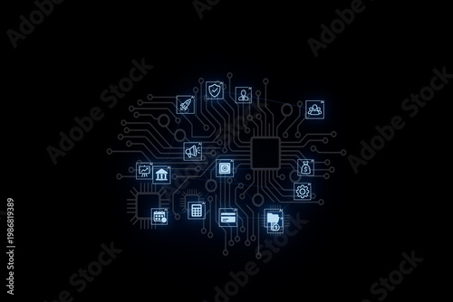 Circuit board design featuring digital icons representing technology and connectivity in modern systems