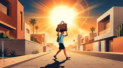 Man Carries Bag Under Scorching Sun in Modern City