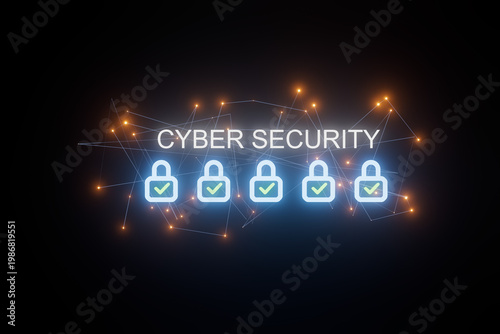 Understanding cyber security with symbols and digital networks shown in a dark background during a late night setting