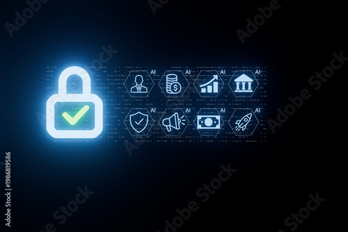 Digital lock symbol with check mark and icons representing finance, security, and technology displayed on dark background