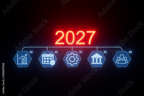 Future predictions for 2027 in technology and artificial intelligence with various icons representing different sectors