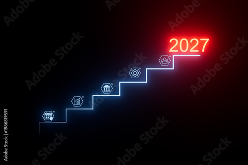 Steps to growth marked by icons leading to the year 2027 in a digital style