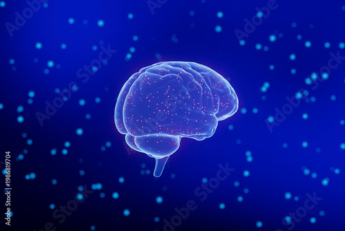 Representation of a brain floating in space with glowing particles surrounding it
