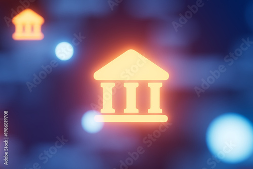 Icon representing a bank or financial institution with glowing effect displayed in a digital environment