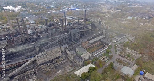 Aerial Panorama of Steel Mill With Chimneys and Rail Yards