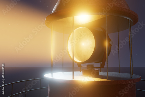 Lighthouse beam shines over the ocean at night
