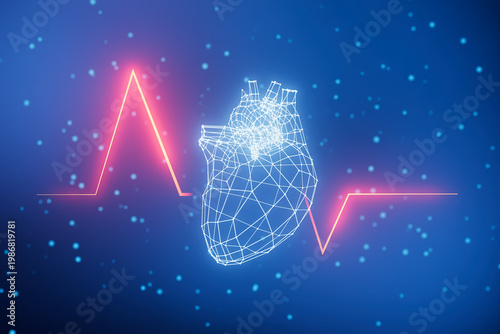 3D heart model with heartbeat line and blue background shows health and technology connection at a medical or science concept