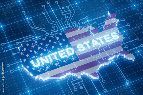 Digital map of United States with circuit design and flag colors on a blue background
