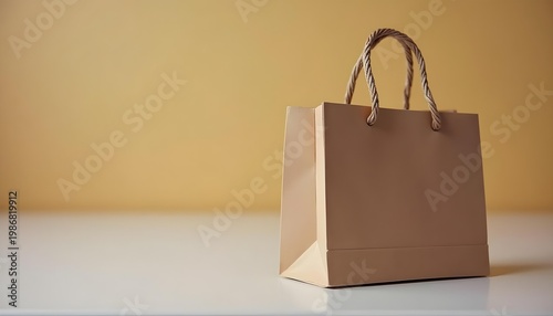 Blank brown kraft paper shopping bag sitting on a bright modern table