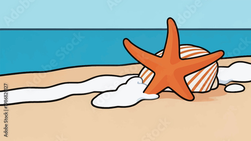 Starfish and Striped Shell on Sandy Beach