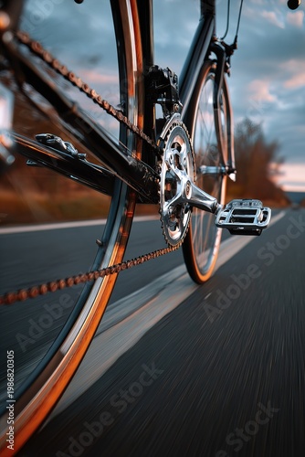 A bicycle is in motion with pedals turning as the rider travels down a smooth road. The sky shows hints of orange and blue as dusk approaches. Trees line the route along the way