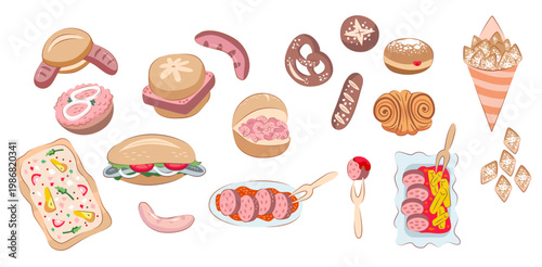 German food set with sausages, pretzel, bread, pastry and traditional dishes. Flat vector illustration of classic German cuisine
