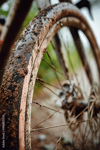 A bicycle wheel shows signs of a recent trip through mud and dirt. The wheel is covered in brown mud, showing the effort of the journey in a natural setting