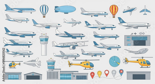 Collection of various aircraft and airport elements.