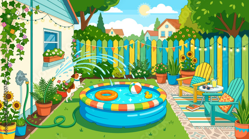 Sunny Backyard With Inflatable Pool And Garden