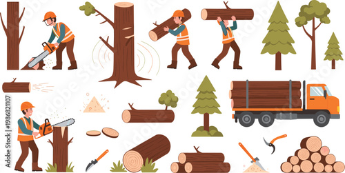 Professional Forestry and Woodcutting Illustration Set with Lumberjack Characters, Chainsaw Work, Logging Truck, Timber Piles, and Forest Industry Elements
