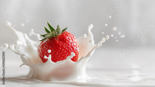 single strawberry suspended in milk splash, soft light, minimal white background