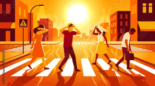 People Crossing Street in Intense Heat
