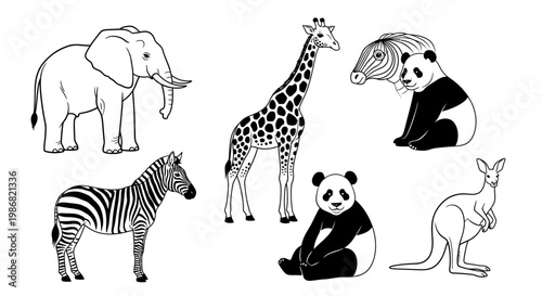 Black and white zoo animal icons.