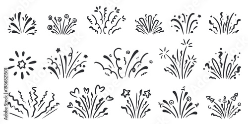 Fireworks, starbursts with confetti and sparks doodle style set. Festive flares with stars, ribbons and firecrackers clip art. Vector element