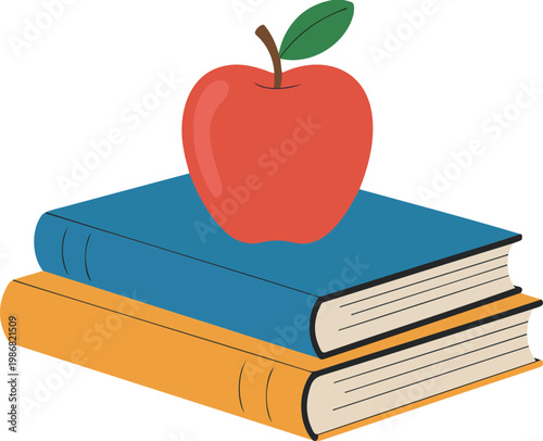 Apple on stacked textbooks flat vector illustration education symbol teacher learning concept minimalist design isolated on white background