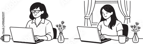 Minimal line art illustration of women working on laptops at home office desks, remote work lifestyle with coffee, plants, and window workspace vector design