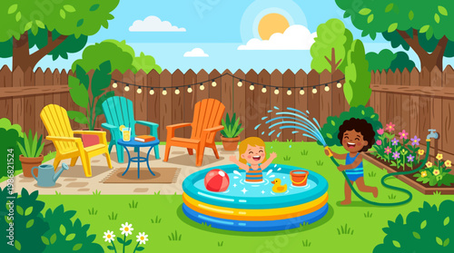 Children Enjoying a Summer Day in a Backyard Pool