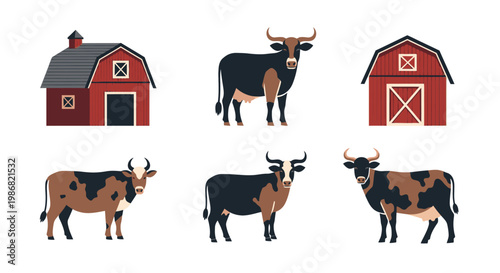 Brown and black spotted cows standing.