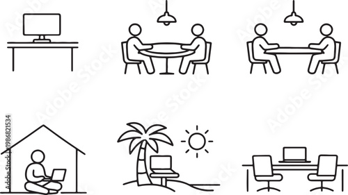 Minimal line icon set of workspace and lifestyle scenes including office desk, meetings, remote work, home office, and outdoor laptop use vector illustration