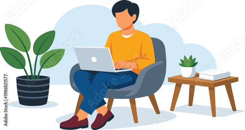 Young man working on laptop at home office, modern flat vector illustration with cozy interior, remote work lifestyle, freelancer productivity and digital workspace concept