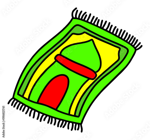 Green Islamic Prayer Mat (Sajadah) with Mosque Illustration Sticker Vector - Transparent Background