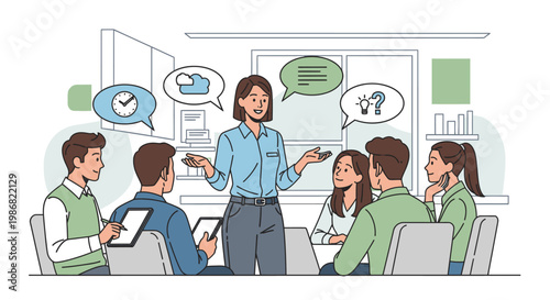 Businesswoman presenting to colleagues in meeting.