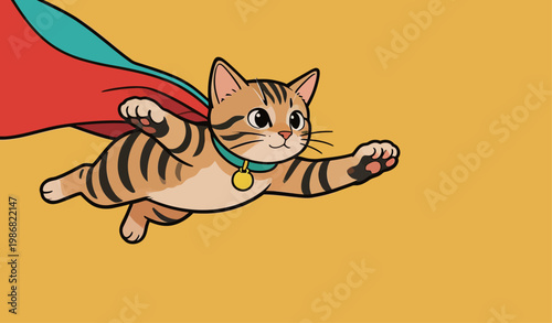 Cute Superhero Cat with Red Cape Flying