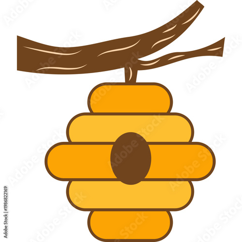 Stylized yellow beehive hanging from a brown tree branch