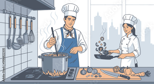 Chef and cook in kitchen.