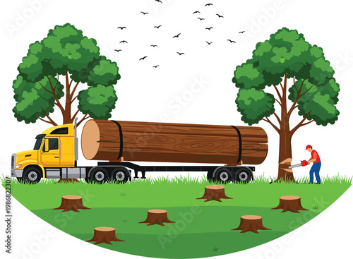 Professional Forestry Landscape Illustration with Lumberjack Cutting Trees, Logging Truck Transporting Timber, and Wood Industry Elements for Environmental and Commercial Designs