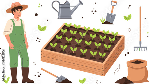 Professional Gardener Character Set with Seedling Tray, Watering Can, Shovel, Rake, and Fertilizer Bag for Agriculture and Home Gardening Designs