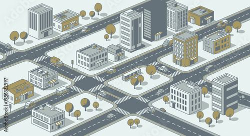 City street with buildings and roads.